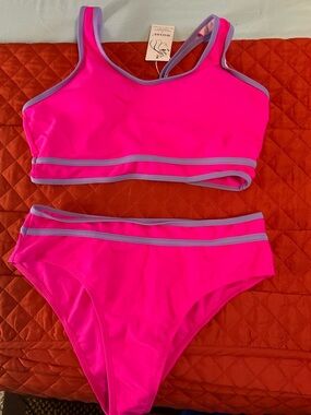 Vibrant Hot Pink Two-Piece Swim Set with Lilac Trim